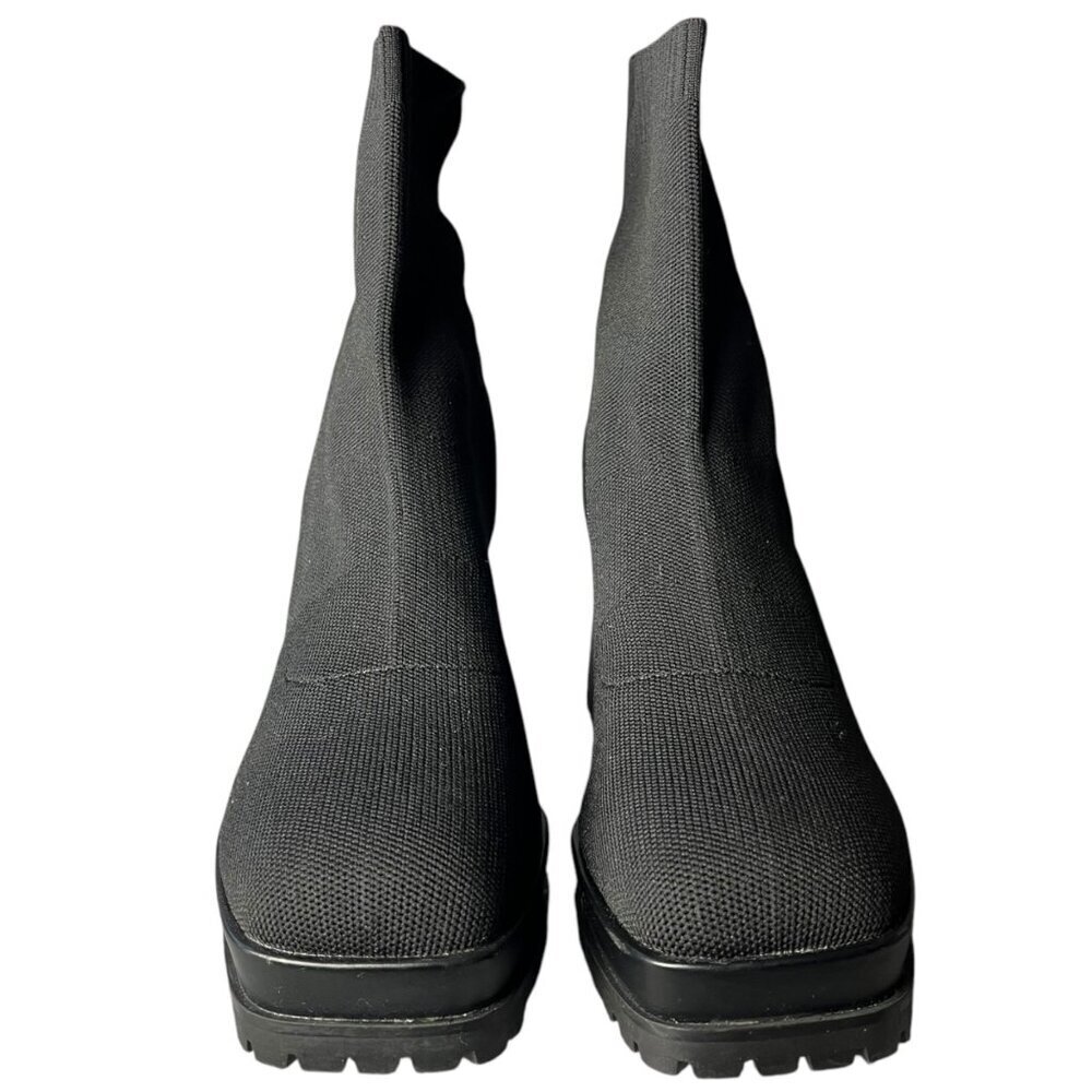 Womens 8.5 Sock Boots Platform Chunky Heel Booties Square Toe Slip On Black - Picture 2 of 9
